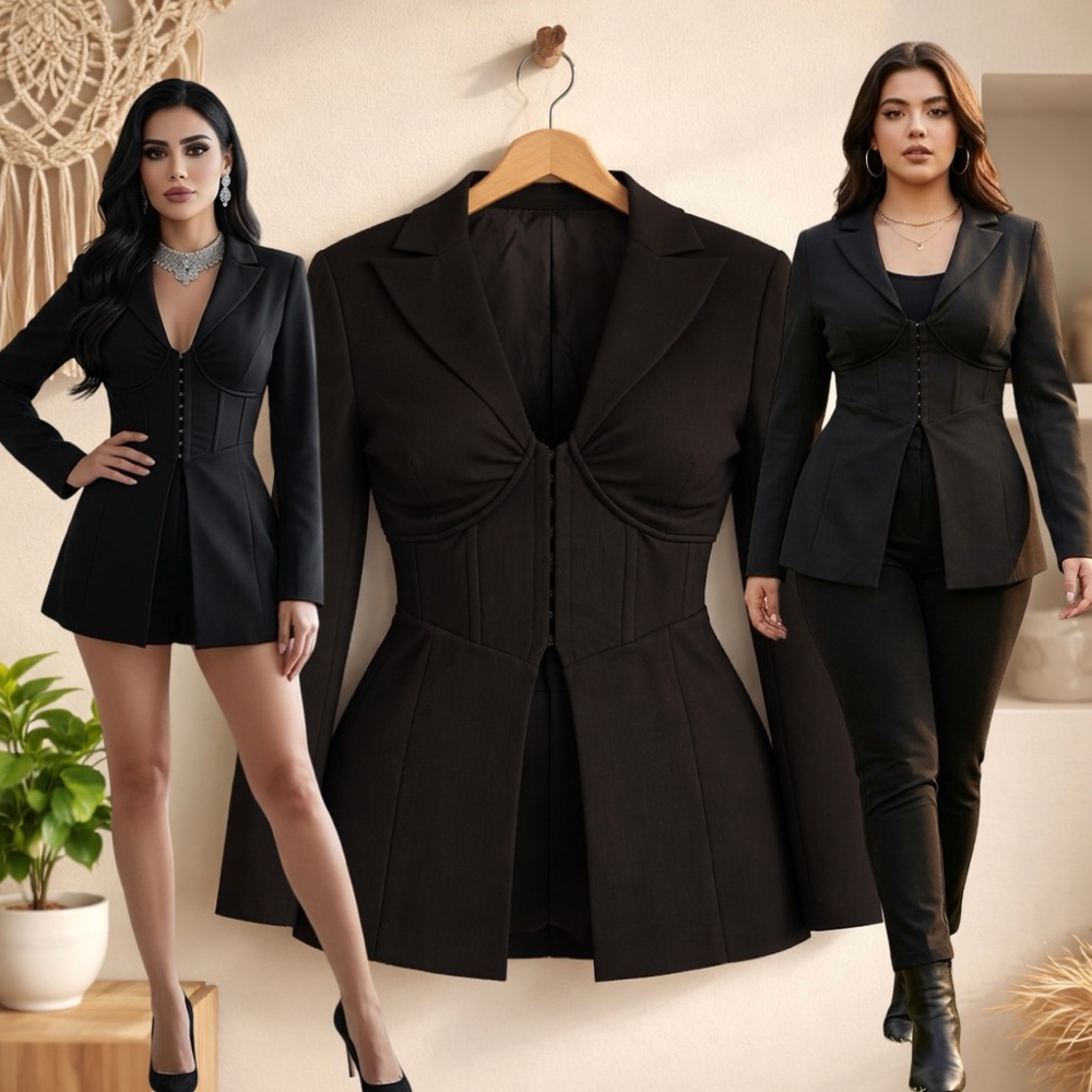 ELOQUII Plus Size Black Corset Waist Hook-and-Eye Blazer Jacket SIZE 16 NWT